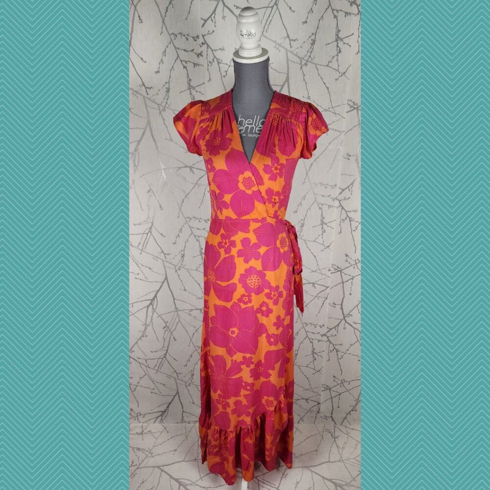 XIX Palms Orange Pink Floral Print Flounce Hem Maxi Wrap Dress